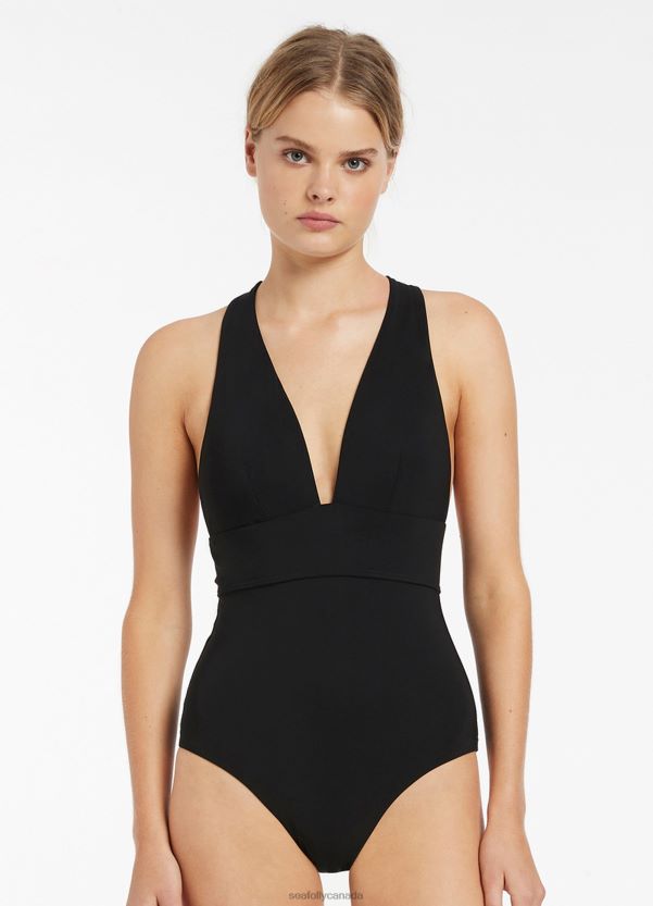 Seafolly Women Jetset Plunge Tie Back One Piece ZZ6BL32 Swimwear Black