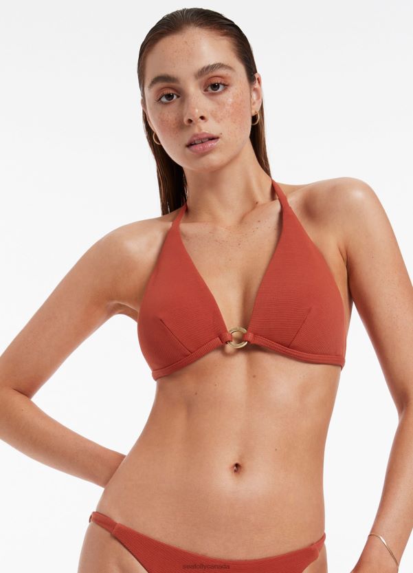 Seafolly Women Isla Rib Halter Triangle Bikini Top ZZ6BL354 Swimwear Russet