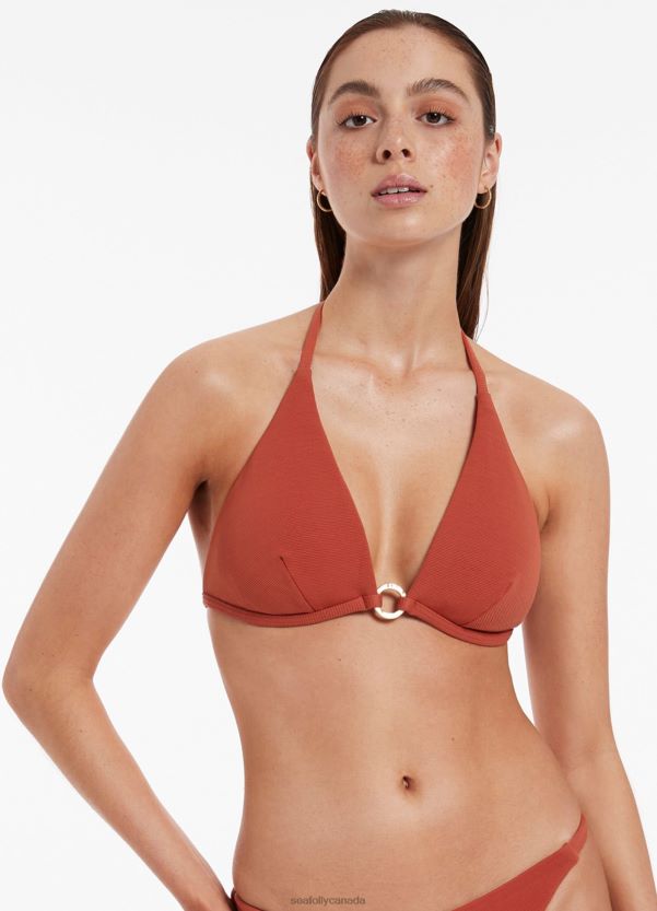 Seafolly Women Isla Rib Halter Triangle Bikini Top ZZ6BL354 Swimwear Russet