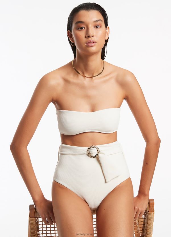 Seafolly Women Isla Rib Belted High Waisted Bikini Bottom ZZ6BL412 Swimwear Cream