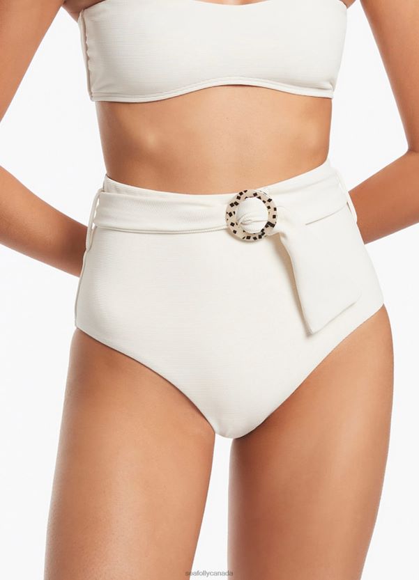 Seafolly Women Isla Rib Belted High Waisted Bikini Bottom ZZ6BL412 Swimwear Cream
