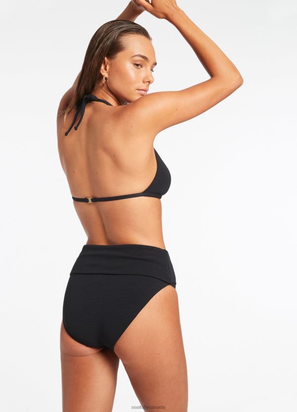 Seafolly Women Isla Rib Fold Down High Waisted Bikini Bottom ZZ6BL334 Swimwear Black