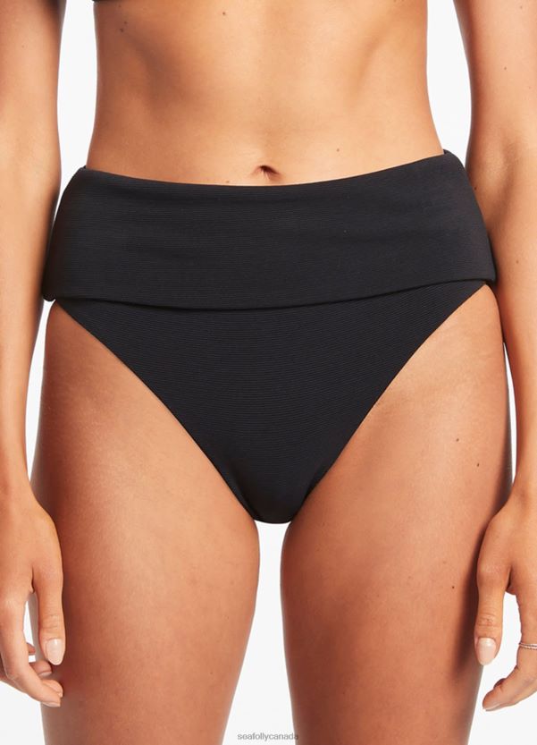 Seafolly Women Isla Rib Fold Down High Waisted Bikini Bottom ZZ6BL334 Swimwear Black