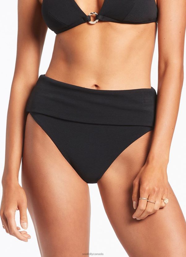 Seafolly Women Isla Rib Fold Down High Waisted Bikini Bottom ZZ6BL334 Swimwear Black