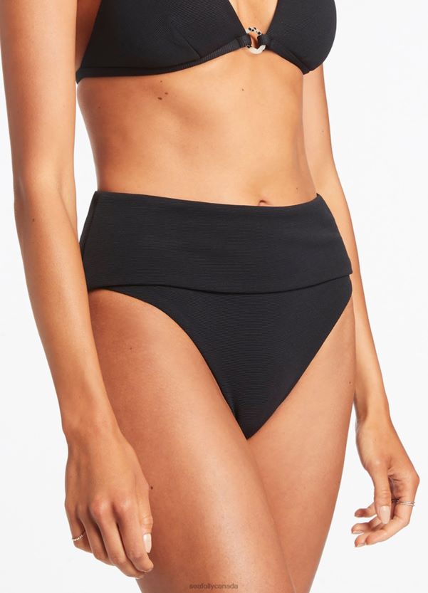 Seafolly Women Isla Rib Fold Down High Waisted Bikini Bottom ZZ6BL334 Swimwear Black