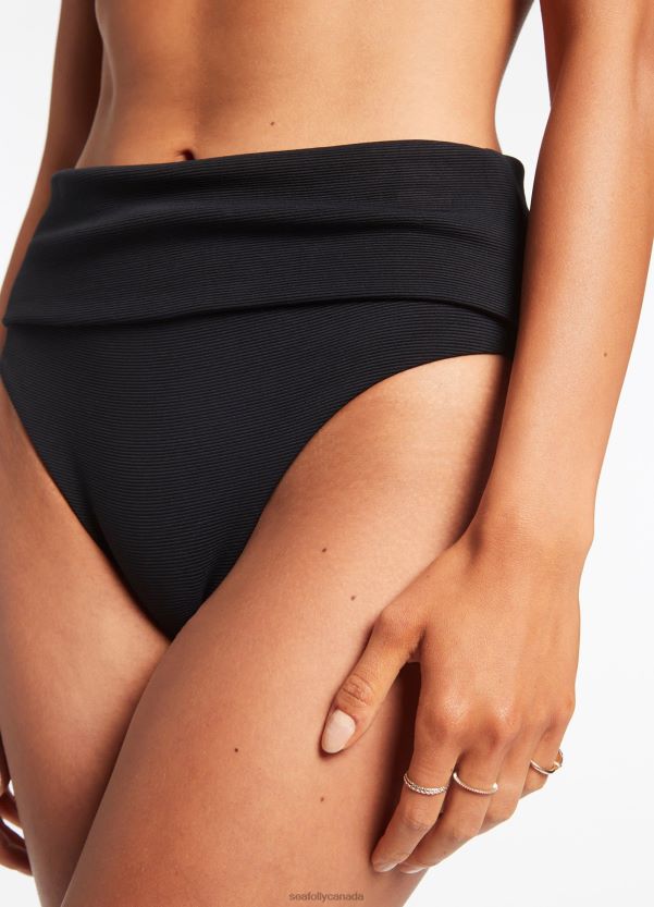 Seafolly Women Isla Rib Fold Down High Waisted Bikini Bottom ZZ6BL334 Swimwear Black