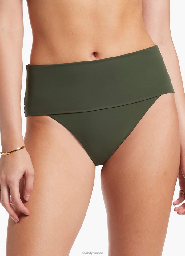 Seafolly Women Jetset Fold Down High Waisted Bikini Bottom ZZ6BL292 Swimwear Olive