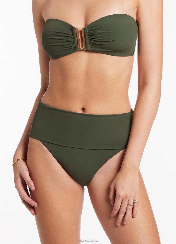 Seafolly Women Jetset Fold Down High Waisted Bikini Bottom ZZ6BL292 Swimwear Olive