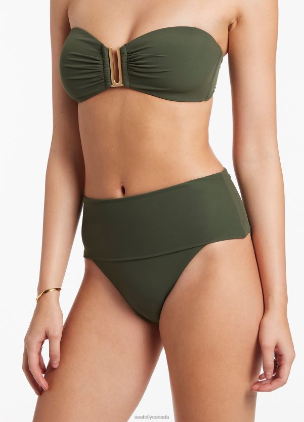 Seafolly Women Jetset Fold Down High Waisted Bikini Bottom ZZ6BL292 Swimwear Olive