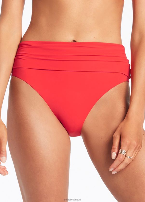 Seafolly Women Jetset Fold Down High Waisted Bikini Bottom ZZ6BL336 Swimwear Cherry