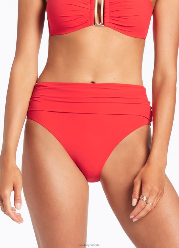 Seafolly Women Jetset Fold Down High Waisted Bikini Bottom ZZ6BL336 Swimwear Cherry