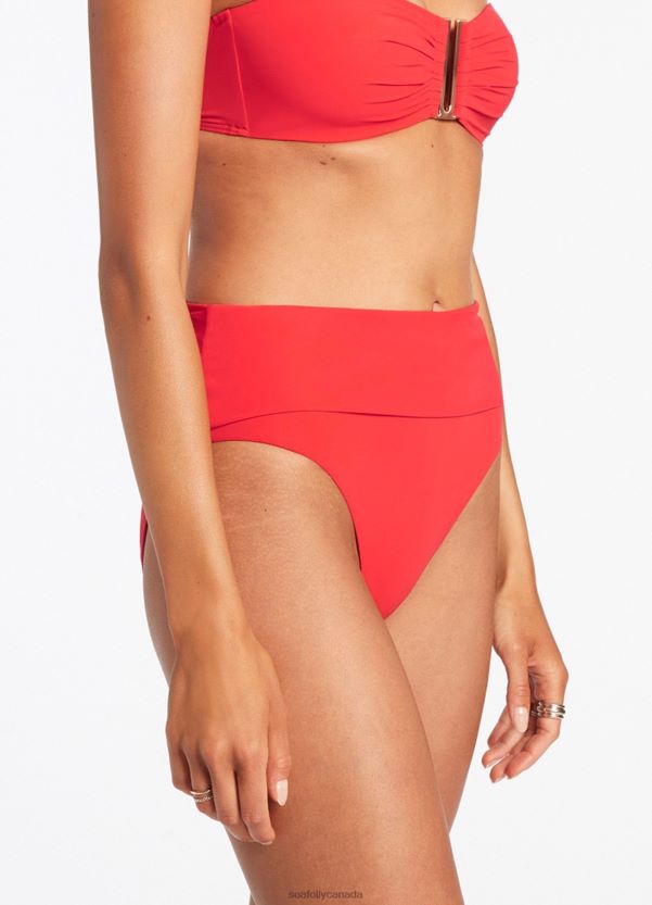 Seafolly Women Jetset Fold Down High Waisted Bikini Bottom ZZ6BL336 Swimwear Cherry