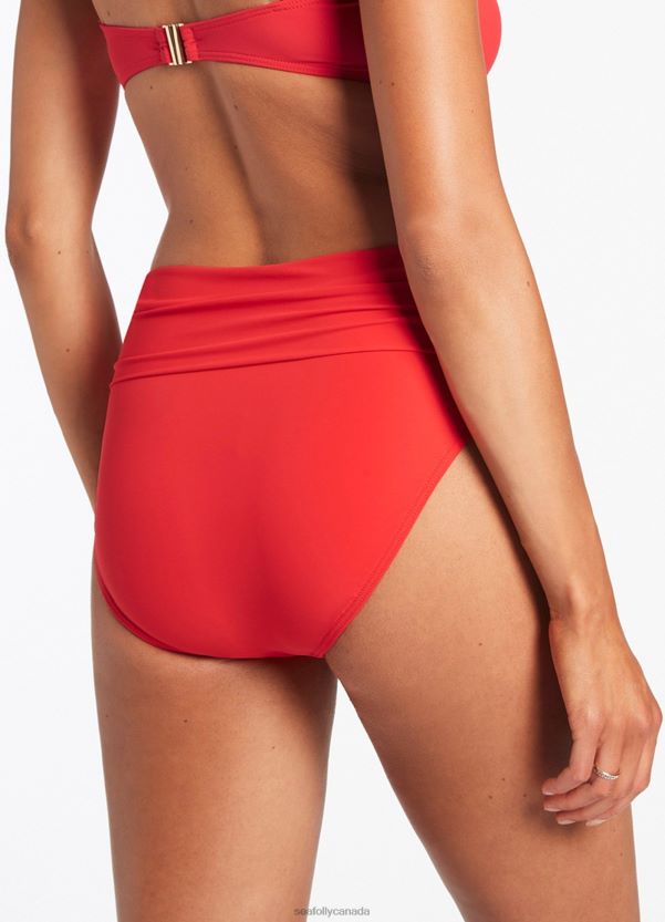 Seafolly Women Jetset Fold Down High Waisted Bikini Bottom ZZ6BL336 Swimwear Cherry
