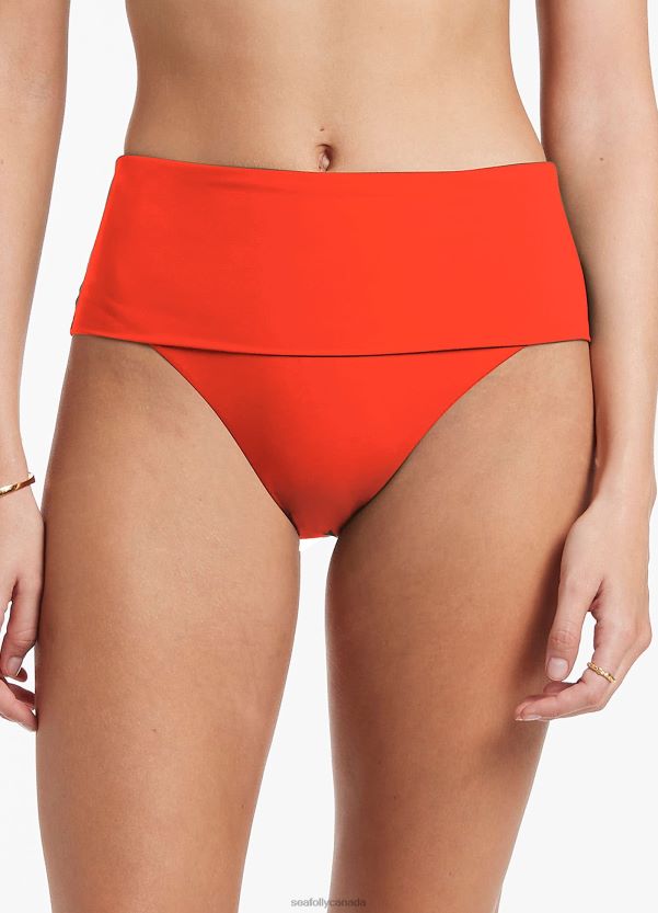Seafolly Women Jetset Fold Down High Waisted Bikini Bottom ZZ6BL513 Swimwear Fiamma