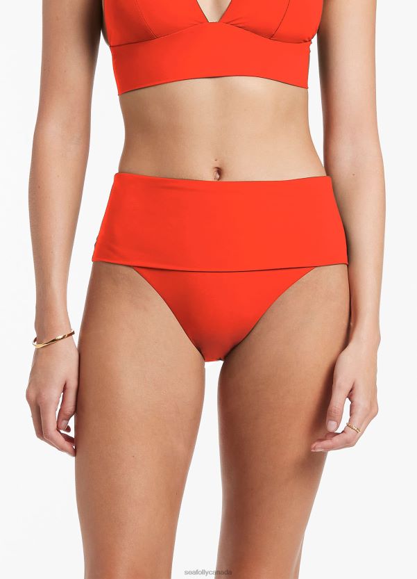 Seafolly Women Jetset Fold Down High Waisted Bikini Bottom ZZ6BL513 Swimwear Fiamma