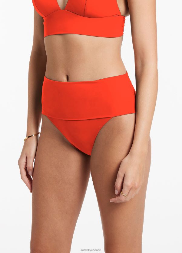 Seafolly Women Jetset Fold Down High Waisted Bikini Bottom ZZ6BL513 Swimwear Fiamma