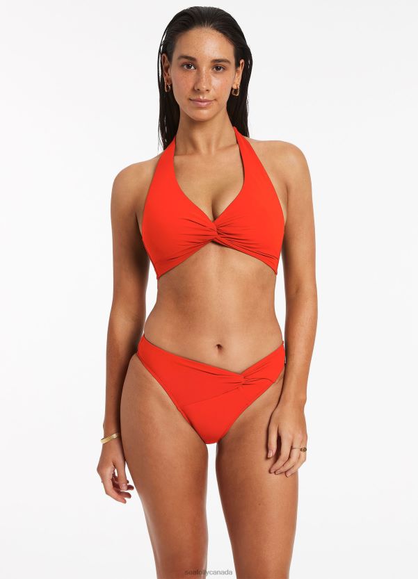 Seafolly Women Jetset Twist Front Bikini Bottom ZZ6BL577 Swimwear Fiamma