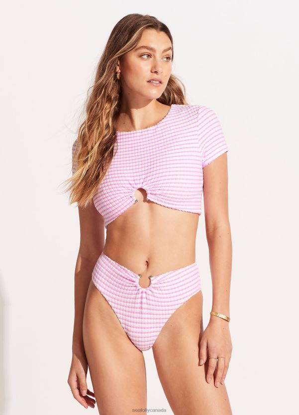 Seafolly Women Sorrento Stripe High Waisted Bikini Bottom ZZ6BL538 Swimwear Parfait Pink
