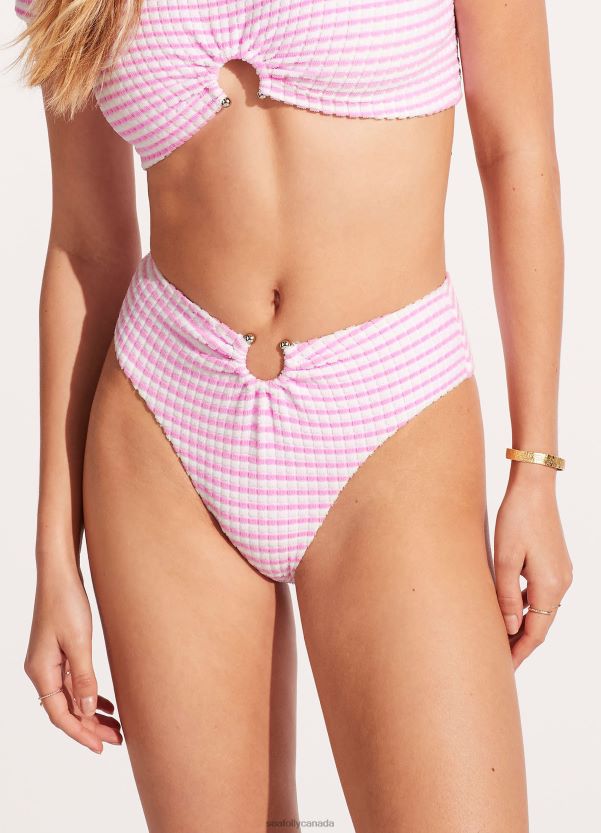 Seafolly Women Sorrento Stripe High Waisted Bikini Bottom ZZ6BL538 Swimwear Parfait Pink