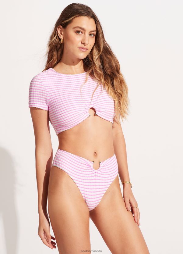 Seafolly Women Sorrento Stripe High Waisted Bikini Bottom ZZ6BL538 Swimwear Parfait Pink
