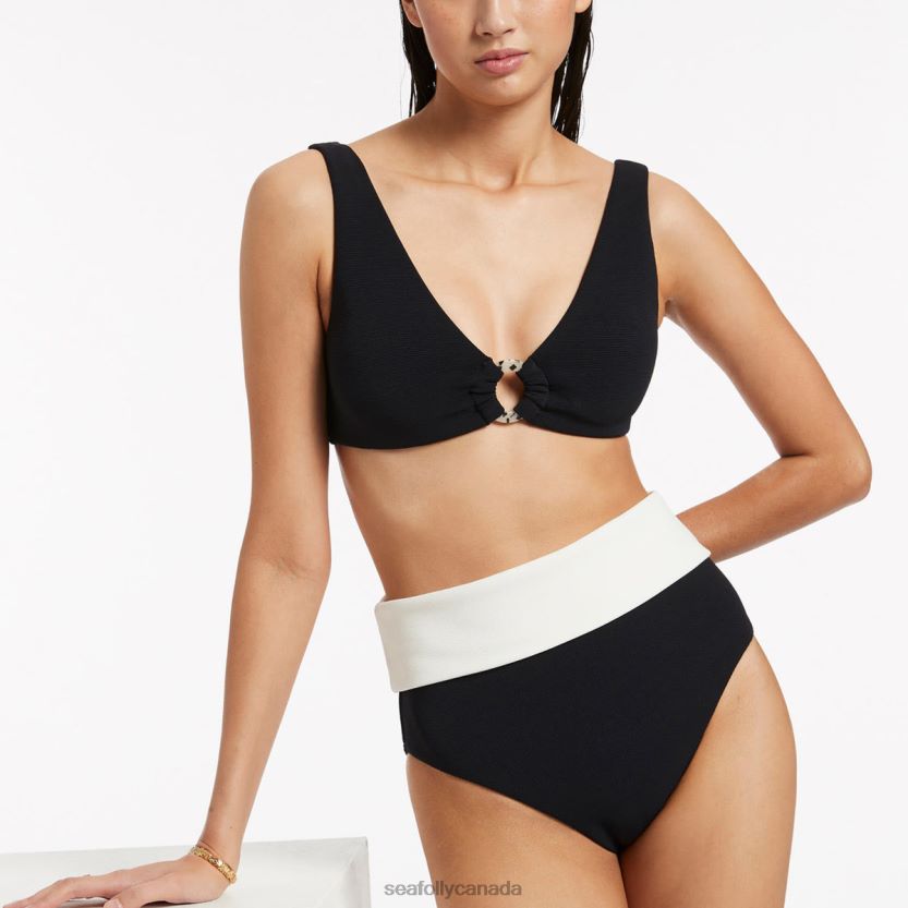 Seafolly Women Versa Rib Fold Down High Waisted Bikini Bottom ZZ6BL353 Swimwear Black/Cream