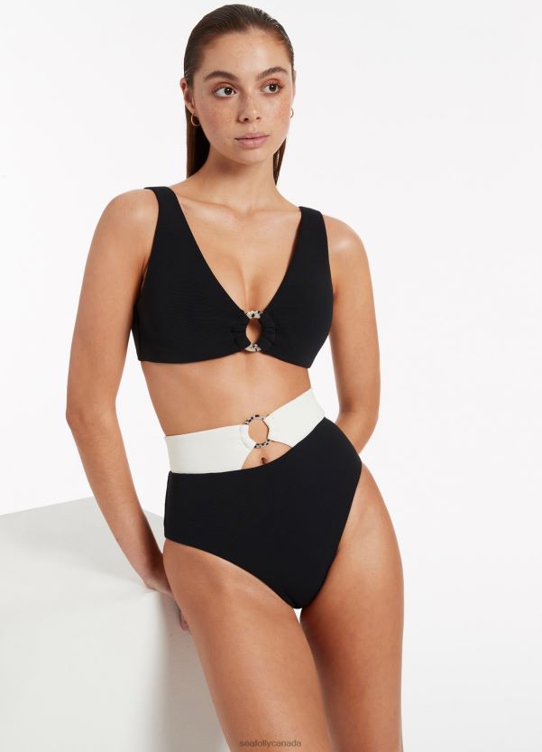 Seafolly Women Versa Rib High Waist Bikini Bottom ZZ6BL467 Swimwear Black/Cream