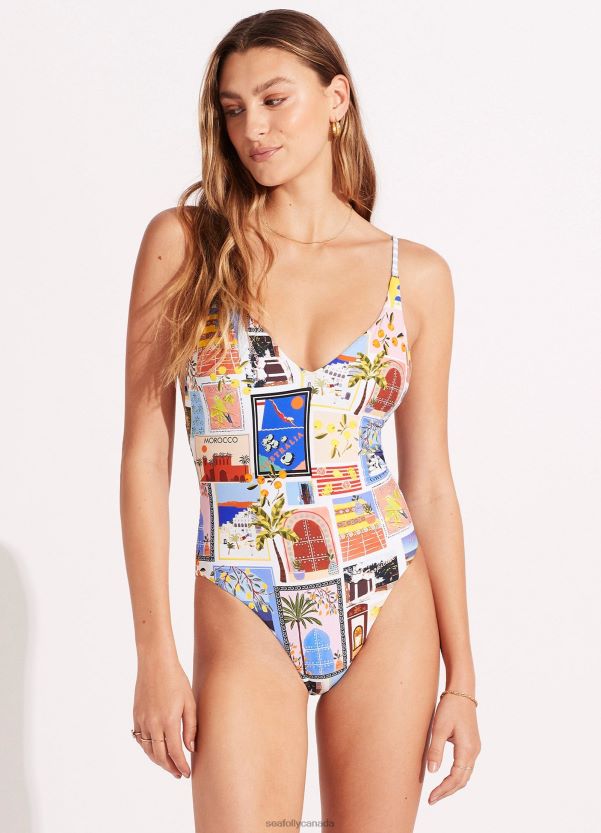 Seafolly Women On Vacation V Neck One Piece ZZ6BL105 Swimwear Azure