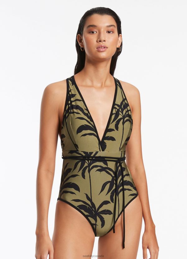 Seafolly Women Palme Plunge One Piece ZZ6BL106 Swimwear Olive
