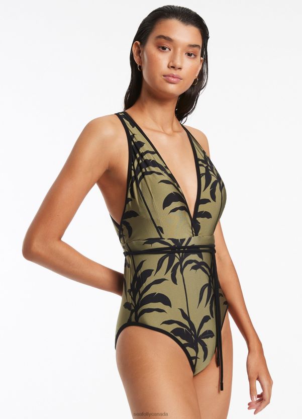 Seafolly Women Palme Plunge One Piece ZZ6BL106 Swimwear Olive