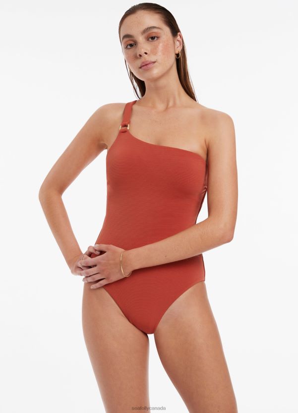 Seafolly Women Isla Rib One Shoulder One Piece ZZ6BL78 Swimwear Russet