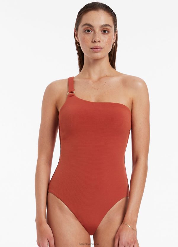 Seafolly Women Isla Rib One Shoulder One Piece ZZ6BL78 Swimwear Russet