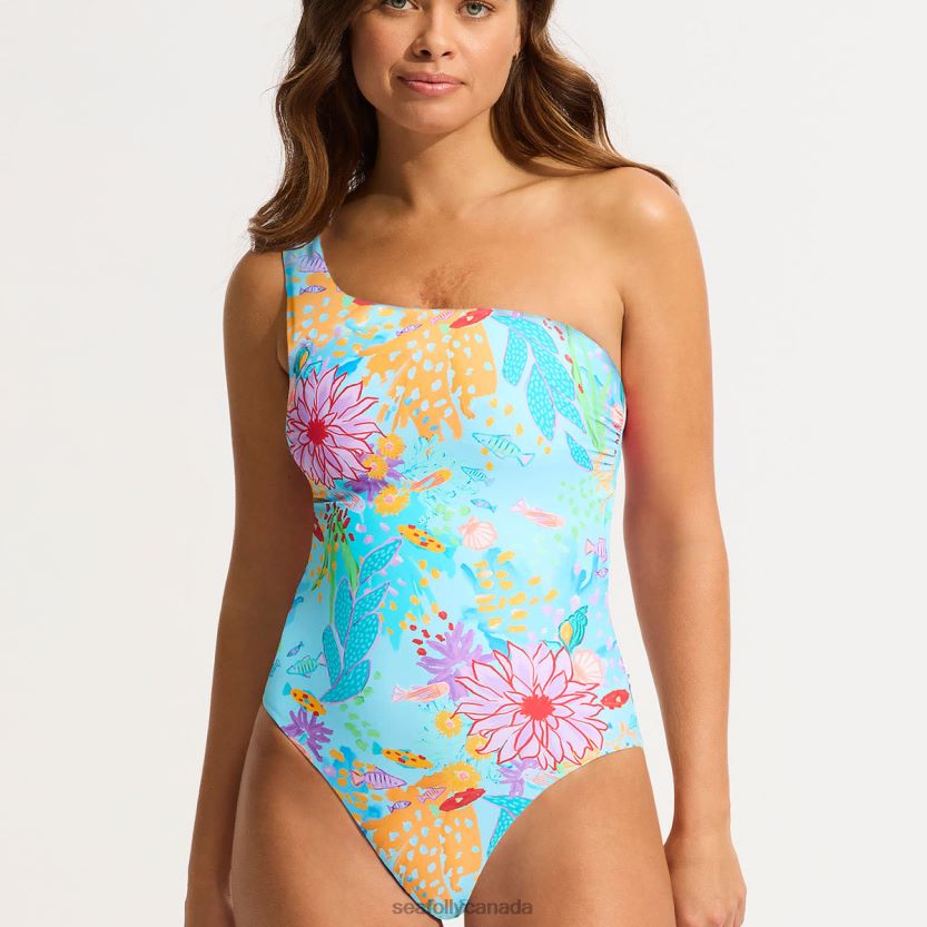 Seafolly Women Under The Sea One Shoulder One Piece ZZ6BL113 Swimwear Blue Mist