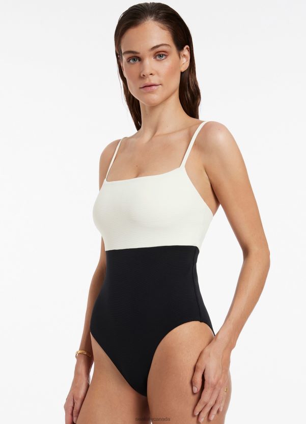Seafolly Women Versa Rib Minimal Tank One Piece ZZ6BL77 Swimwear Black/Cream