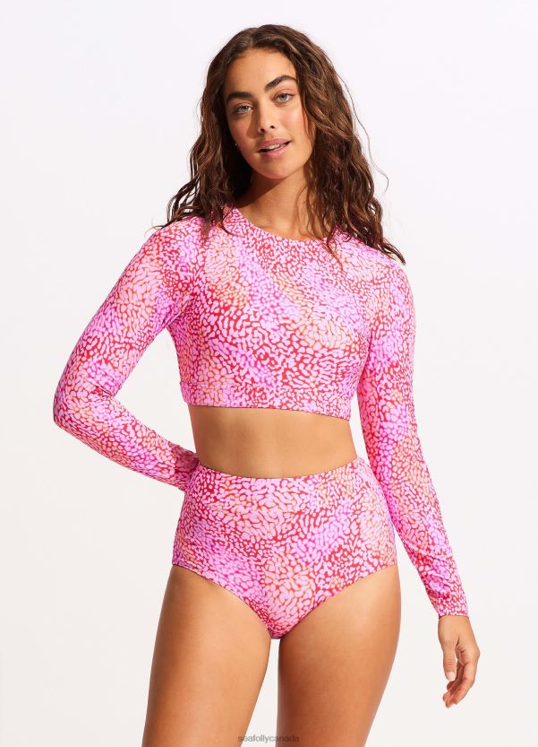 Seafolly Women Sea Skin Long Sleeve Crop Rashie ZZ6BL402 Swimwear Fuchsia Rose